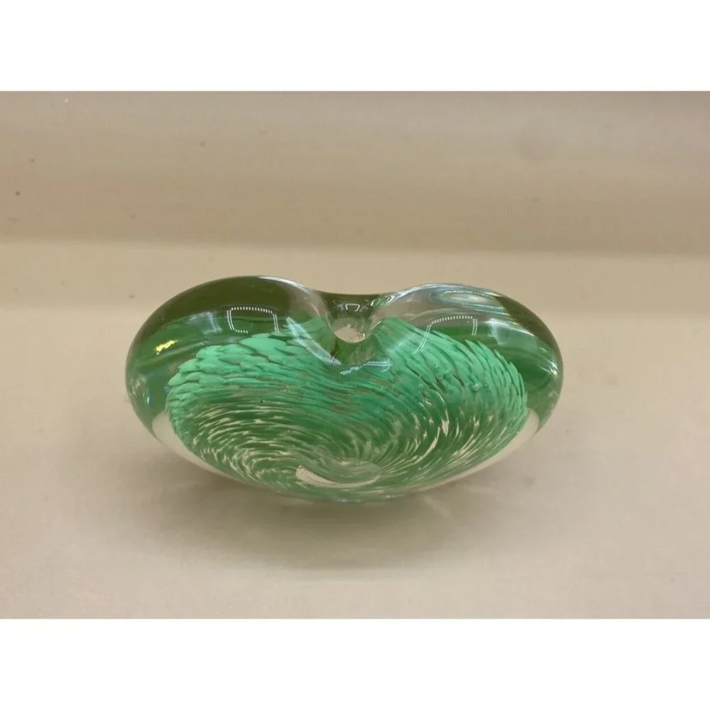 Art Glass Heart Bud Vase 3” Paperweight Sommerso Green Swirl Clear